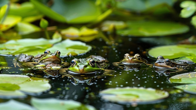 Photo small frogs sit in a pond their green bodies blending