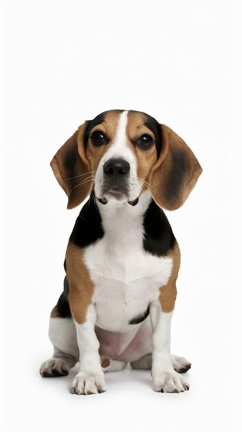 Small funny dog beagle posing isolated over white wall