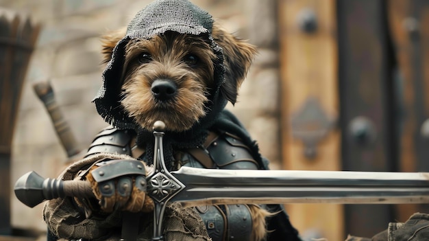 Photo a small furry dog dressed as a medieval knight holds a sword and stares intensely at the camera