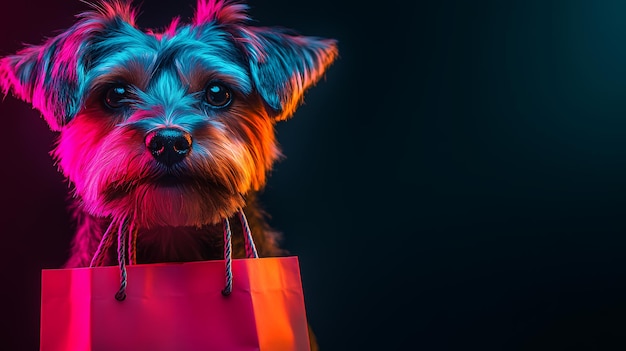 A small furry dog with pink and blue lighting holds a pink shopping bag