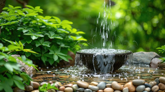 Small garden water fountain surrounded by lush greenery and pebbles creating serene outdoor oasis