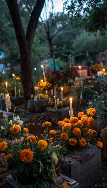 Photo a small garden with a bunch of flowers and candles in it