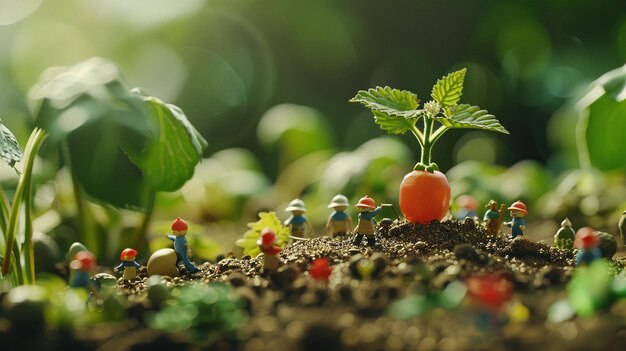 Photo a small garden with a tomato plant and a small group of people in the background