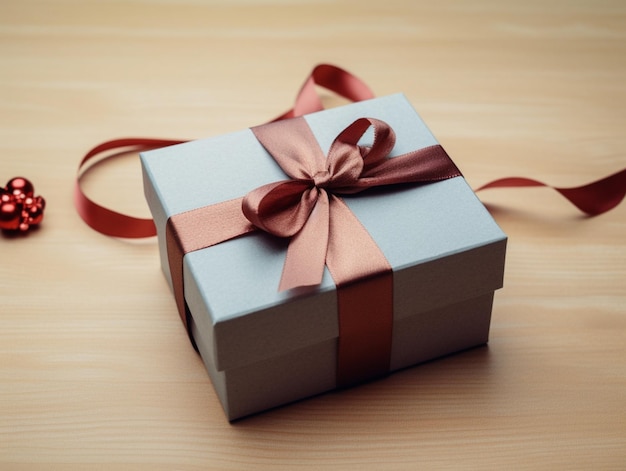 A small gift box with a red ribbon tied around it