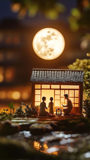 a small gingerbread house with a couple sitting in front of a lit up window