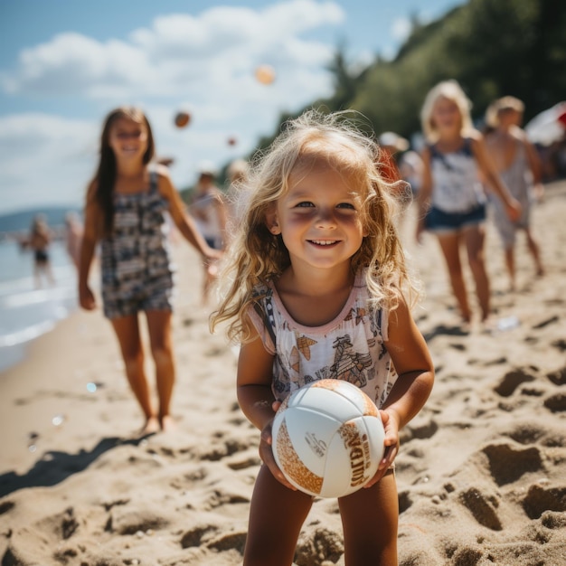 Small girl with blond hair on the seashore holding a volley ball and several kids behind her