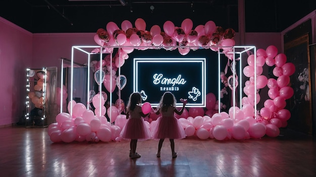 Photo small girls posing in front of pink organza photo zone with neon sign and balloons