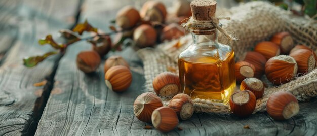 A small glass bottle of hazelnut oil stands on a wooden surface surrounded by whole and shelled hazelnuts depicting a natural and rustic presentation