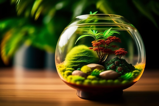 A small glass bowl with a plant in it