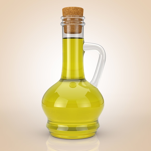 Small Glass Decanter Bottle of Olive Oil Cork on a orange background. 3d Rendering