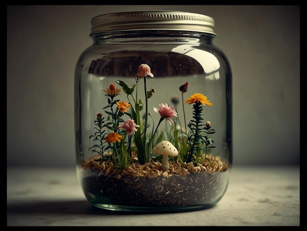 a small glass jar with flowers and a mushroom in it