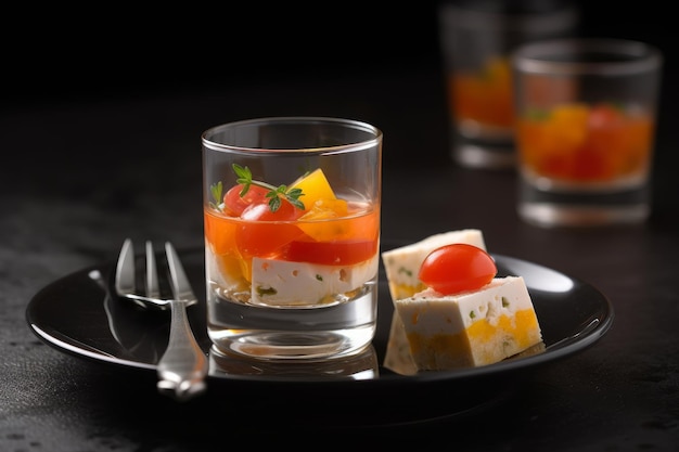 A small glass of orange colored food sits on a plate with a fork and a glass of orange colored food.