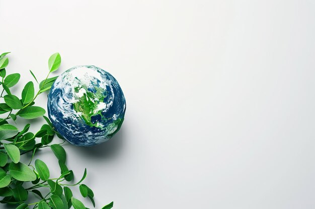 A small globe sits on a white background with green leaves