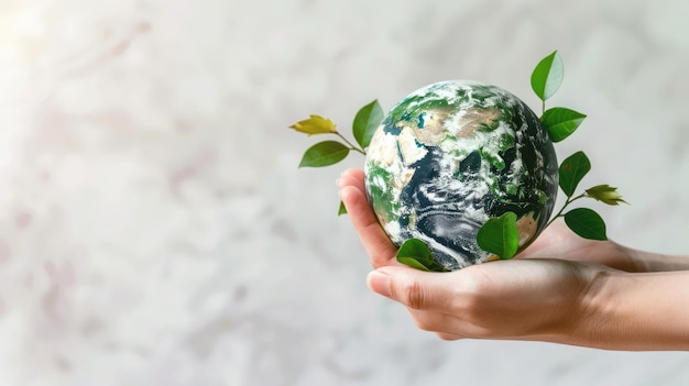 Small globe with green leaves growing around it in a hand representing sustainability and ecofriendly practices copyspace available Environmental carbon reduction