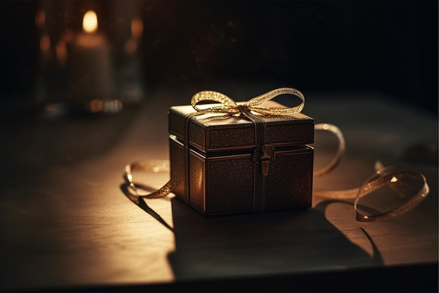 A small gold gift box with a candle in the background