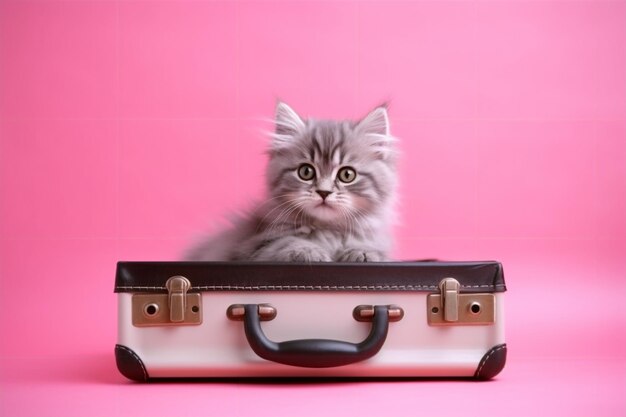 A small gray kitten sits in a suitcase on a pink background.