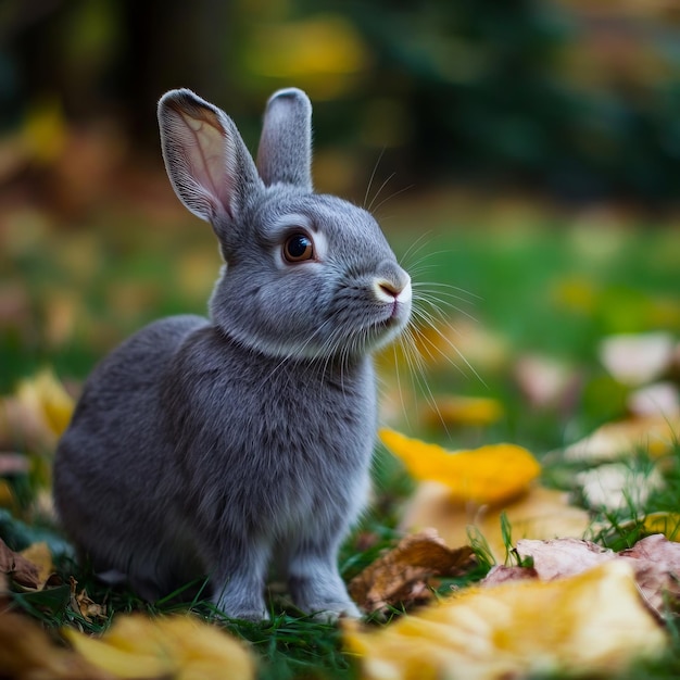 Photo a small gray rabbit sitting in the grass surrounded by leaves