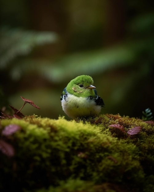 A small green bird sits on a mossy surface.