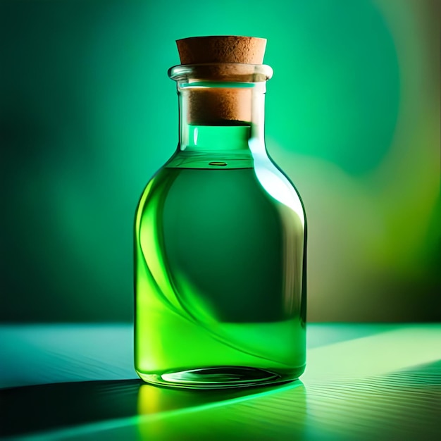 A small green bottle with a cork cap sits on a table with a green background.