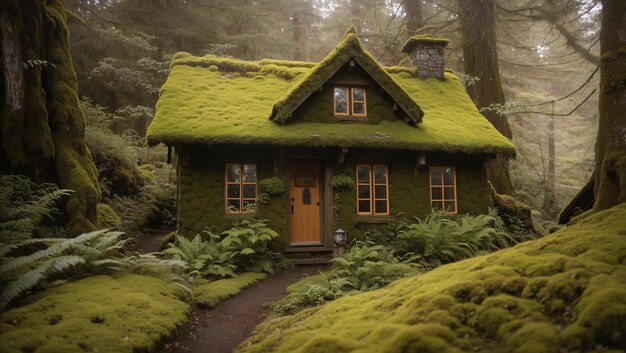 A small green cottage with a roof covered in moss is nestled in a lush green forest