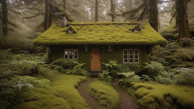 A small green cottage with a roof covered in moss is nestled in a lush green forest