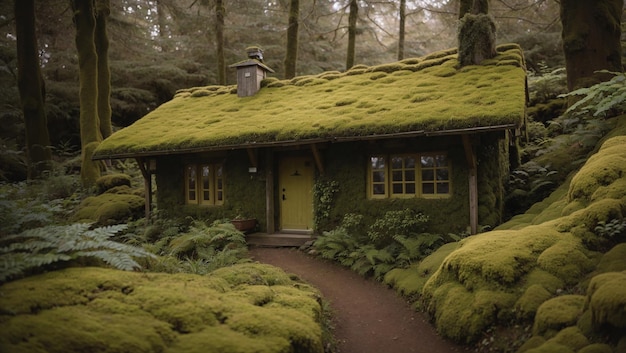 A small green cottage with a roof covered in moss is nestled in a lush green forest