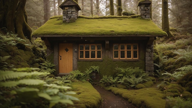 A small green cottage with a roof covered in moss is nestled in a lush green forest