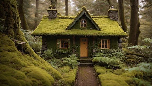 A small green cottage with a roof covered in moss is nestled in a lush green forest