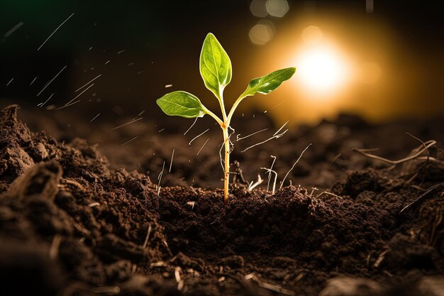 A small green plant sprouts from the ground