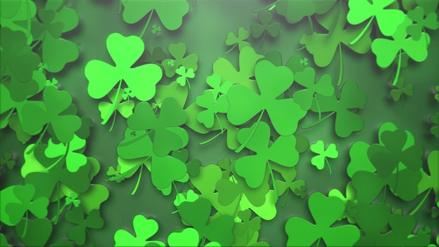 Small green shamrocks pattern on Saint Patrick Day shiny background. Luxury and elegant 3D illustration style for holiday theme