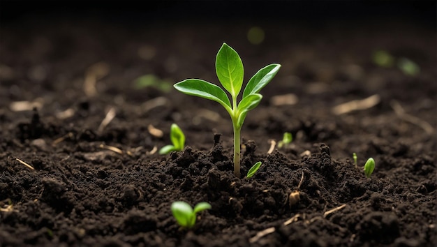 Small green sprout growing in soil surrounded by leaves symbolizing new life and growth in nature