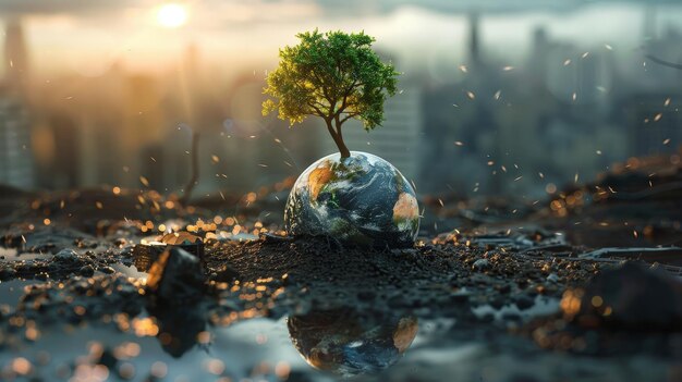 Photo small green tree growing on globe amidst urban landscape during golden hour generative ai