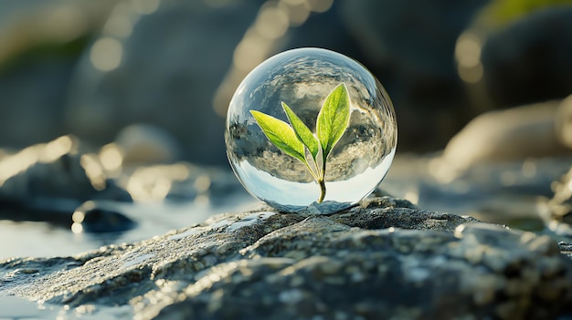 Photo a small green tree sits in a glass dome on a bed of moss