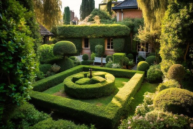 A small green yard with hedges and flowers