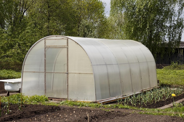 Small greenhouse with a metal frame covered with polycarbonate. Designed for growing vegetables.