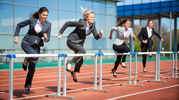 Small group of businesswomen competition concept jumping hurdles on business competitive career