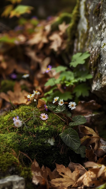 A small group of flowers are growing on a mossy rock