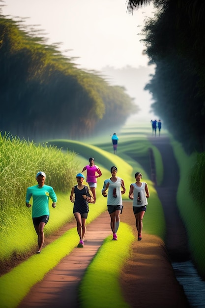 Small group of people multigeneration Asian family jogging together outdoor morning run in nature t