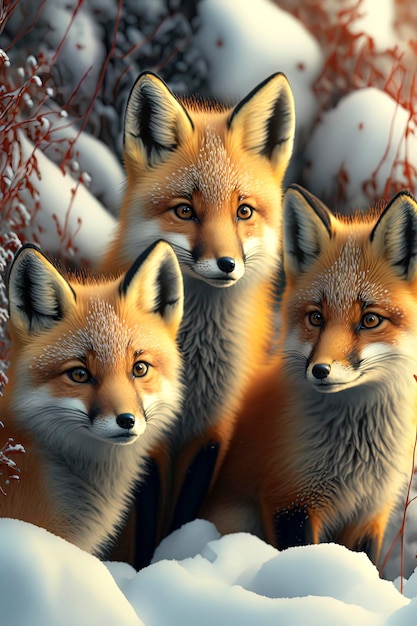 Small group of tiny and cute foxes in the snow Generated by AI