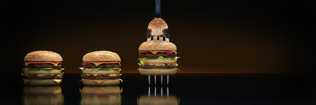 A small hamburger stuck in the fork. The concept of adequate nutrition. 3d rendering