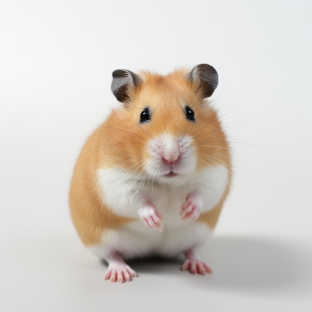 A small hamster with a white chest and black ears stands on its hind legs.