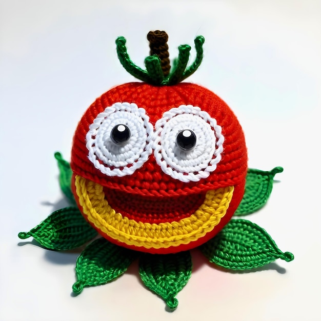 a small handmade toy made to look like an apple with a big eyes