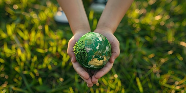 Photo small hands holding vibrant earth surrounded by greenery