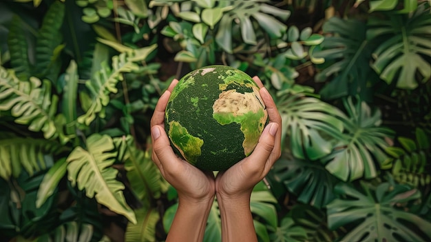 Small Hands Holding Vibrant Earth Surrounded by Greenery