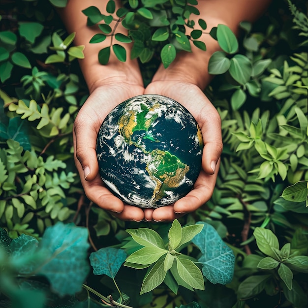 Small Hands Holding Vibrant Earth Surrounded by Greenery