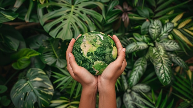 Small Hands Holding Vibrant Earth Surrounded by Greenery