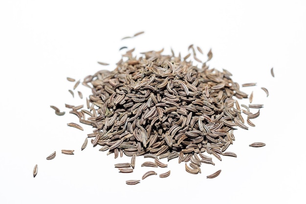 Small heap of coriander seeds isolated on white