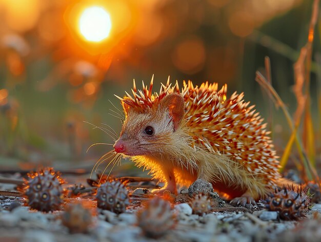 a small hedgehog with a bunch of pine cones on it