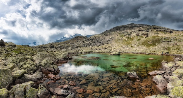 Small high mountain lake with transparent