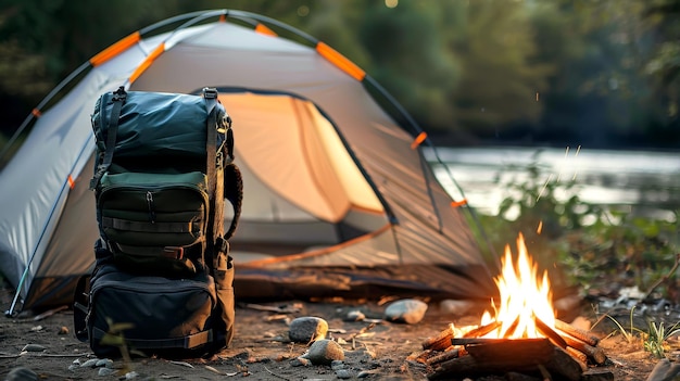 Photo small hiking backpacks and cozy campfires under the stars